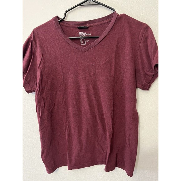 HM Shirt Mens Solid V Neck Casual Basic Organic Cotton Tee H&M Maroon Small - Picture 1 of 5